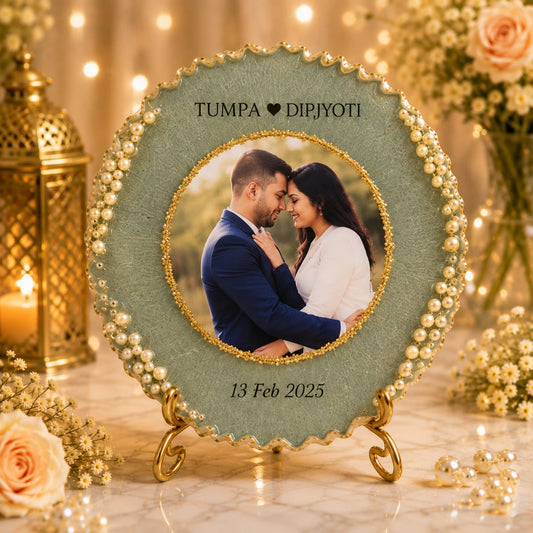 Personalized Circular Resin Photo Frame with Gold Border & Foldable Stand