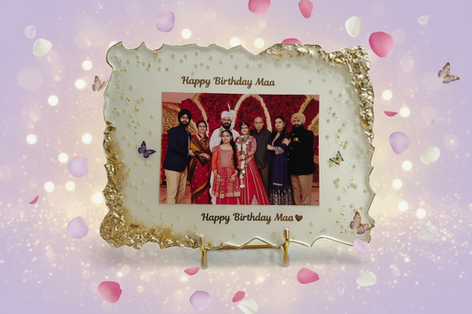 Personalized Happy Birthday Maa Resin Frame with Gold Foil Border & Family Photo