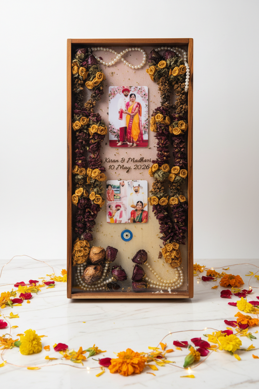 Personalized Teakwood Varmala Shadow Box Frame 16x24 Inch Vertical | Wedding Memory Preservation with Varmala, Photos & Gold Script