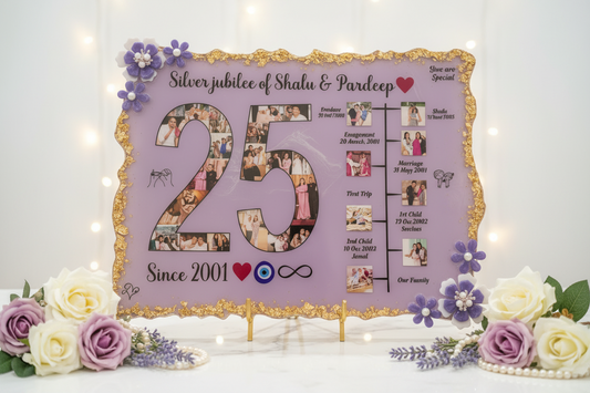 Personalized Silver Jubilee 25th Anniversary Resin Frame with Photo Collage & Relationship Timeline