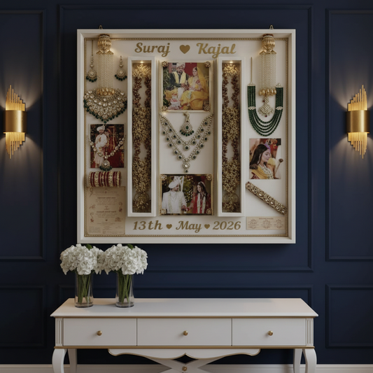 Personalized LED 3-Panel Bridal Jewellery Shadow Box with Resin Varmala | Grand Wedding Memory Display Frame