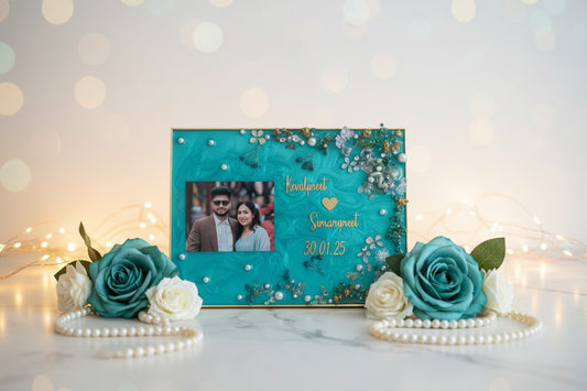 Personalized Couple Resin Frame with Teal Base, Crystal & Pearl Embellishments