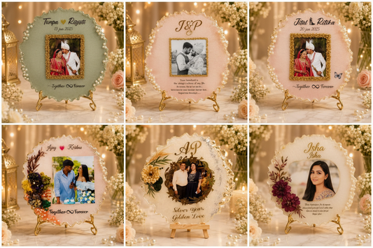 Personalized Circular Resin Photo Frame with Gold Border & Foldable Stand