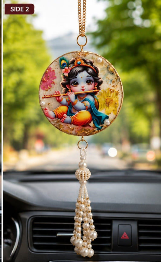 Dual Side Car Hanging – Bal Krishna & Hare Krishna Mahamantra | Deep Cast Resin with Pearl Tassel