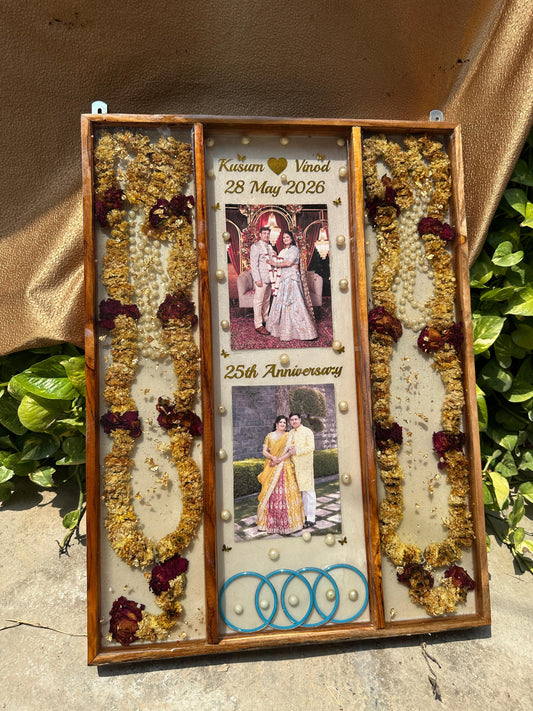 Personalized 3-Panel Teakwood Varmala Shadow Box Frame 18x24 Inch | Silver Jubilee & Golden Jubilee Anniversary Memory Preservation