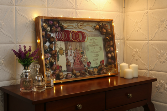 Personalized Teakwood Varmala Shadow Box Frame 16x24 Inch | Full Wedding Memory Preservation with Varmala, Wedding Card, Kalire, Bangles & Kalgi