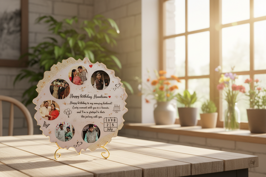 Personalized Birthday Circular Resin Multi-Photo Frame – 12 Inch | Pearl Border & Gold Stand