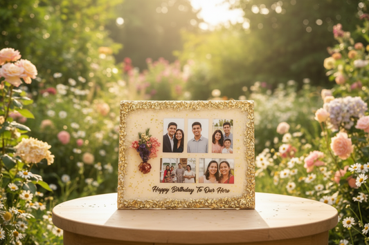Personalized Happy Birthday Multi-Photo Resin Frame with Gold Foil Border & Dried Florals