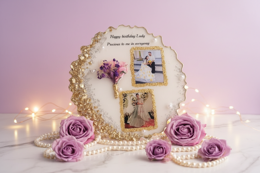 Personalized Happy Birthday Lady Resin Frame with Dried Florals & Gold Border