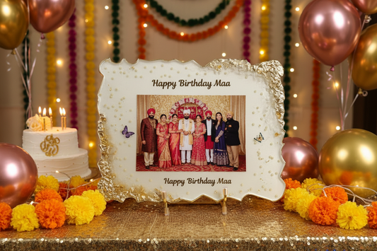 Personalized Happy Birthday Maa Resin Frame with Gold Foil Border & Family Photo