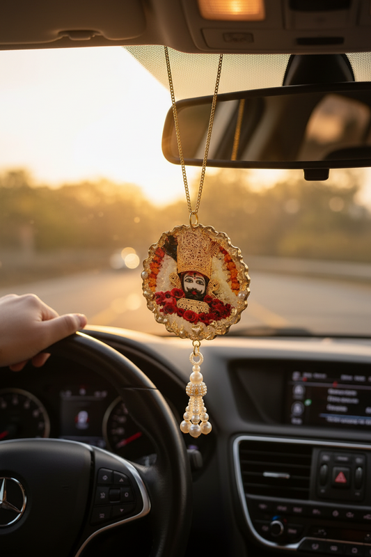 Dual Side Car Hanging – Khatu Shyam Ji & Shiva Om Trishul | Deep Cast Resin with Pearl Tassel