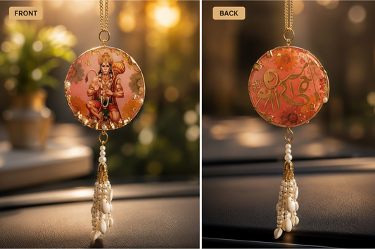 Dual Side Car Hanging – Hanuman Ji & Jai Shri Ram | Deep Cast Resin with Pearl & Cowrie Shell Tassel