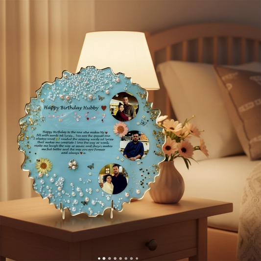 Personalized Happy Birthday Hubby Resin Frame with Sunflowers & Pearl Border
