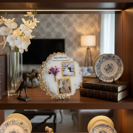 Personalized Happy Birthday Lady Resin Frame with Dried Florals & Gold Border