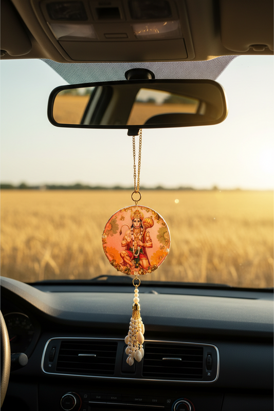 Dual Side Car Hanging – Hanuman Ji & Jai Shri Ram | Deep Cast Resin with Pearl & Cowrie Shell Tassel