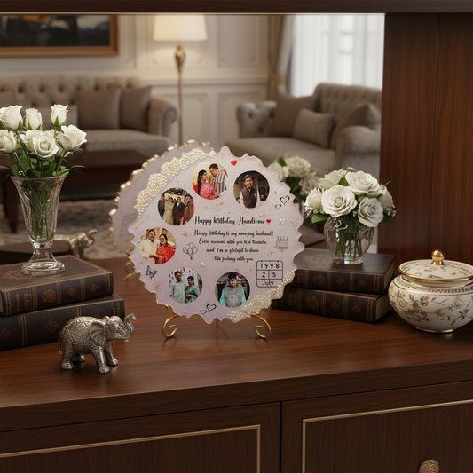 Personalized Birthday Circular Resin Multi-Photo Frame – 12 Inch | Pearl Border & Gold Stand