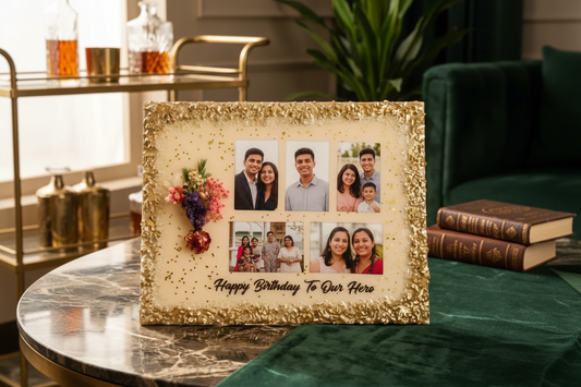 Personalized Happy Birthday Multi-Photo Resin Frame with Gold Foil Border & Dried Florals
