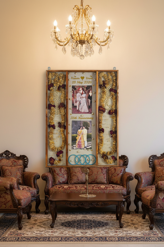 Personalized 3-Panel Teakwood Varmala Shadow Box Frame 18x24 Inch | Silver Jubilee & Golden Jubilee Anniversary Memory Preservation