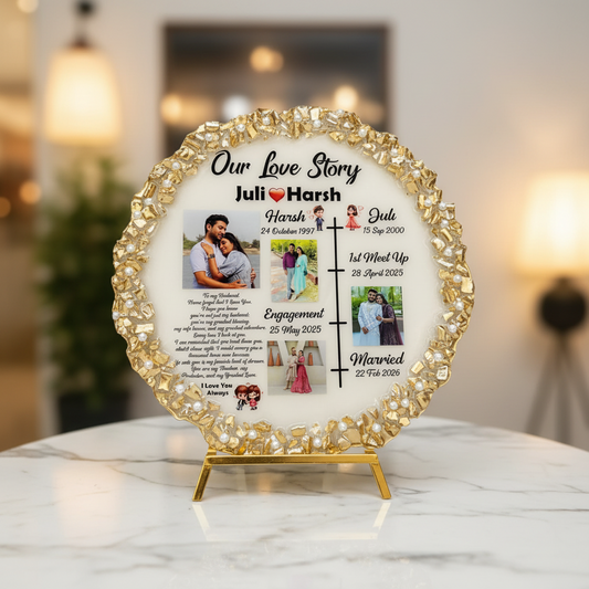 Our Love Story Personalized Resin Frame – Gold Foil & Pearl Border