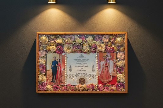Personalized Teakwood Varmala Shadow Box Frame 16x24 Inch | Full Wedding Memory Preservation with Varmala, Wedding Card, Kalire, Bangles & Kalgi
