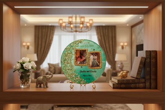 Personalized Circular Couple Resin Frame with Green Base, Dried Florals & Gold Glitter Border – 12 Inch