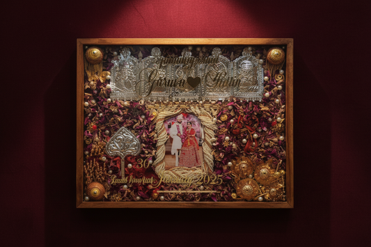 Personalized Teakwood Varmala Shadow Box with Pearl Varmala, Rose Petals & Kalgi | Wedding Memory Preservation Frame