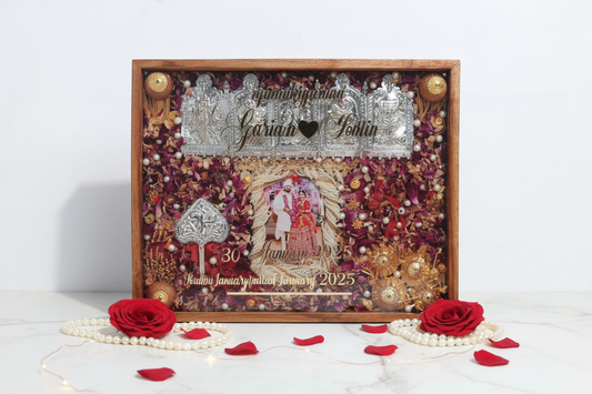 Personalized Teakwood Varmala Shadow Box with Pearl Varmala, Rose Petals & Kalgi | Wedding Memory Preservation Frame