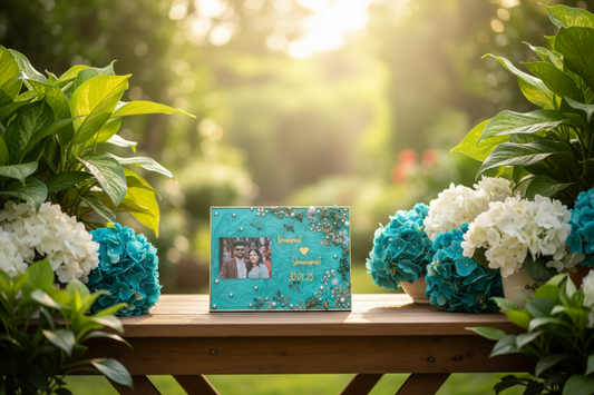 Personalized Couple Resin Frame with Teal Base, Crystal & Pearl Embellishments