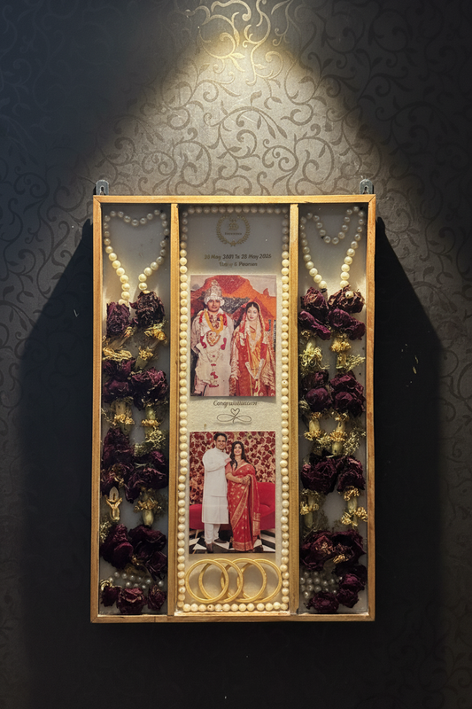 Personalized Teakwood Varmala Shadow Box Frame 16x24 Inch Vertical | Wedding Memory Preservation with Varmala, Photos & Gold Script